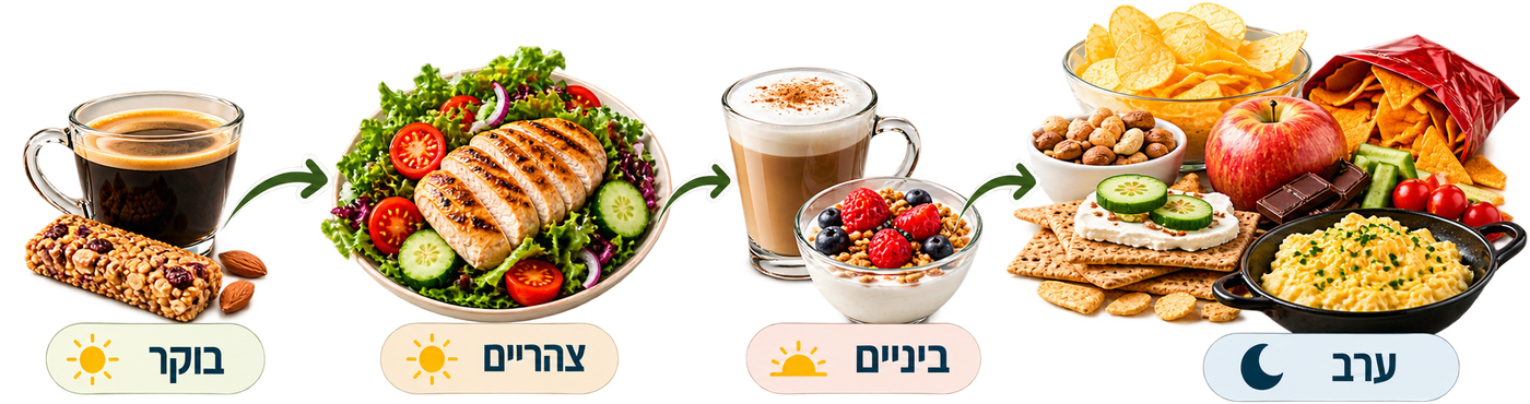 מעבר לאורך היום: בבוקר קפה וחטיף, בצהריים סלט עם עוף, בבינייים קפה ויוגורט, ובערב שולחן עמוס באוכל