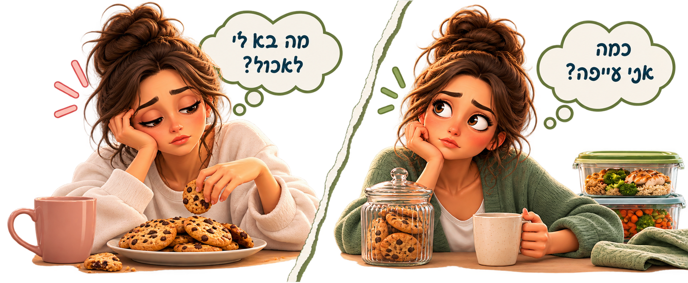 שתי תמונות של אישה עייפה: בשמאל היא אוכלת עוגיות ושואלת "מה בא לי לאכול?", ובימין היא שואלת את עצמה "כמה אני עייפה?"